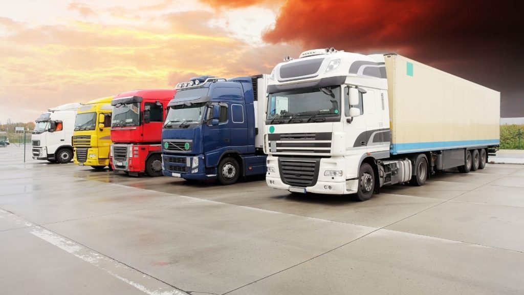 Empresa de frete: fila de caminhões , cada um de uma cor.