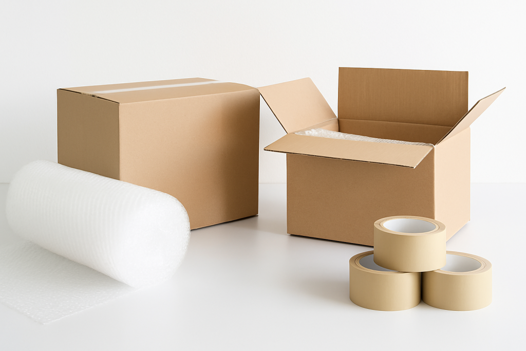 onde comprar caixa de papelão para mudança: kit com caixa, plástico bolha e fita.