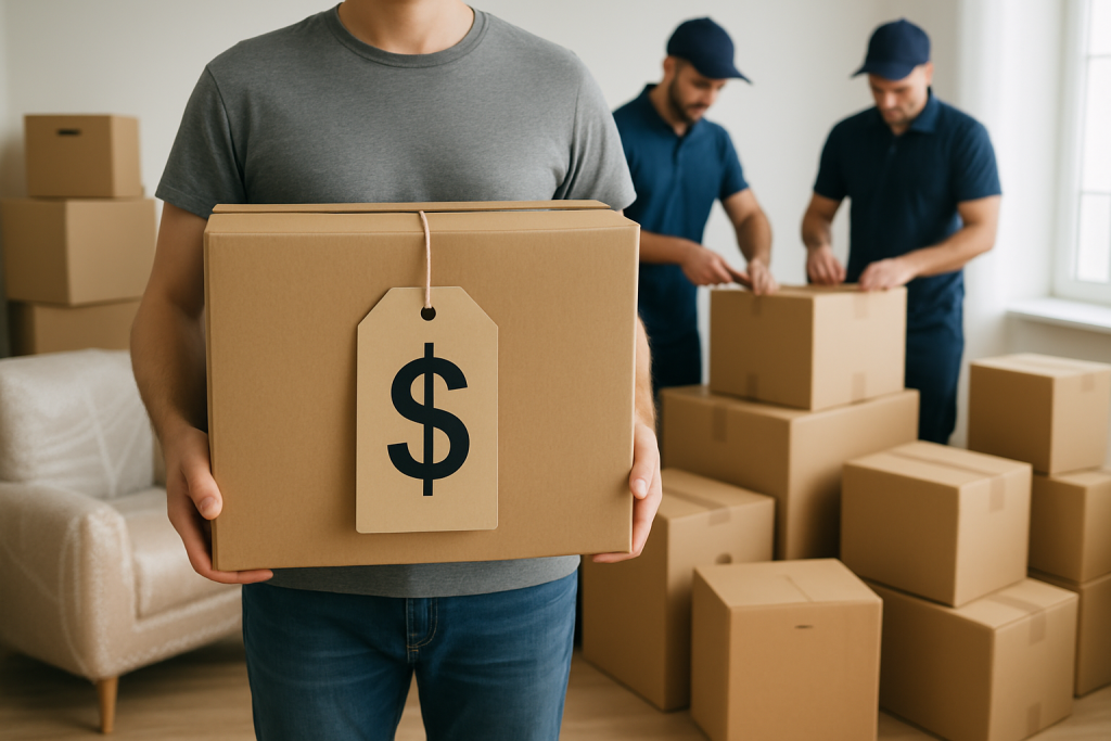 Empresa de mudança que embala tudo: Homens arrumando caixas e um homem a frente segurando uma caixa com uma placa com um cifrão na frente.