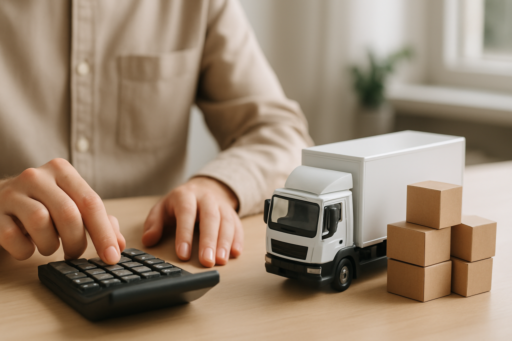 Empresa de mudança perto de mim: homem usando calculadora e do lado um miniatura de caminhão e de caixas.