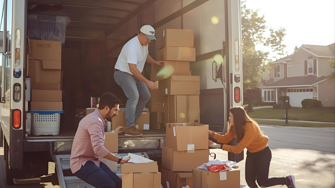 Vale a pena levar mudança para outro estado: pessoas descarregando caminhão de mudança.