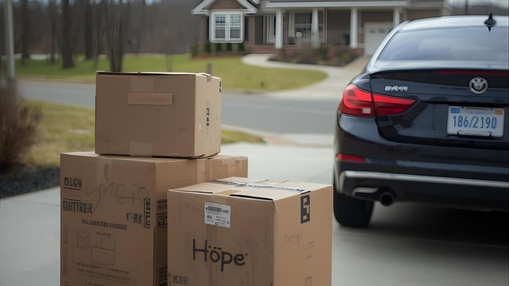 carro parado em frete a uma casa grande com algumas caixas empilhadas.
